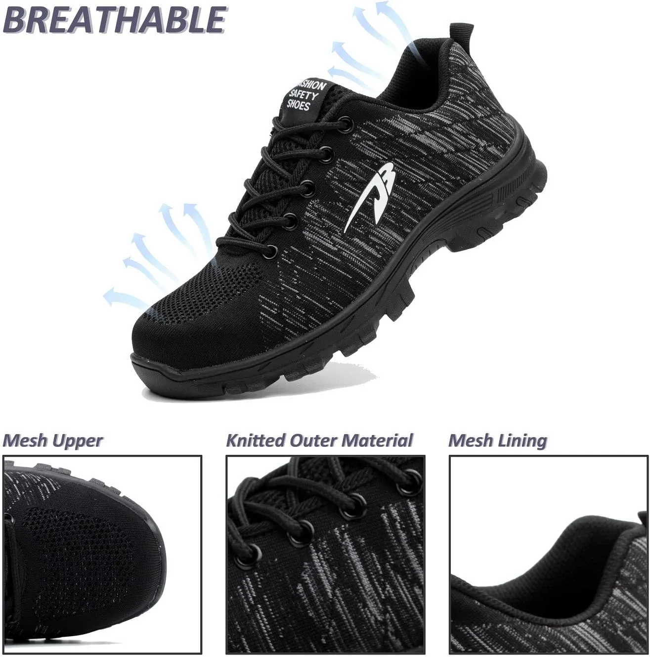 U-lite Steel Toe Anti-Smash Safety Work Shoes for Men Women, Lightweight Breathable Anti-Skid Industrial Construction Shoe