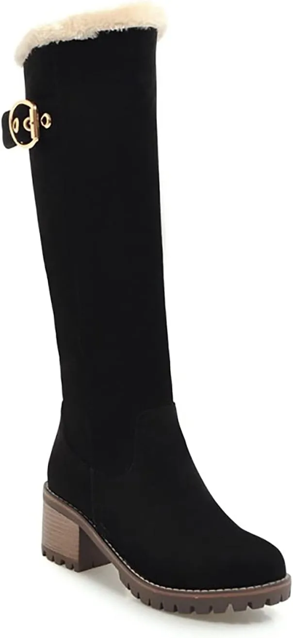 Viuluti Winter Women Knee High Snow Boots Warm Fur Nubuck Leather Tall Boots Fashion Waterproof Chunky Heel Long Boots