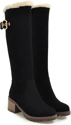 Viuluti Winter Women Knee High Snow Boots Warm Fur Nubuck Leather Tall Boots Fashion Waterproof Chunky Heel Long Boots