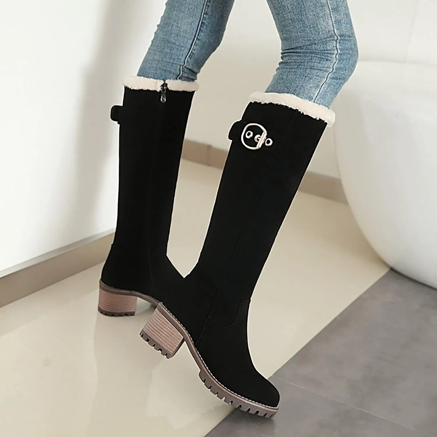 Viuluti Winter Women Knee High Snow Boots Warm Fur Nubuck Leather Tall Boots Fashion Waterproof Chunky Heel Long Boots