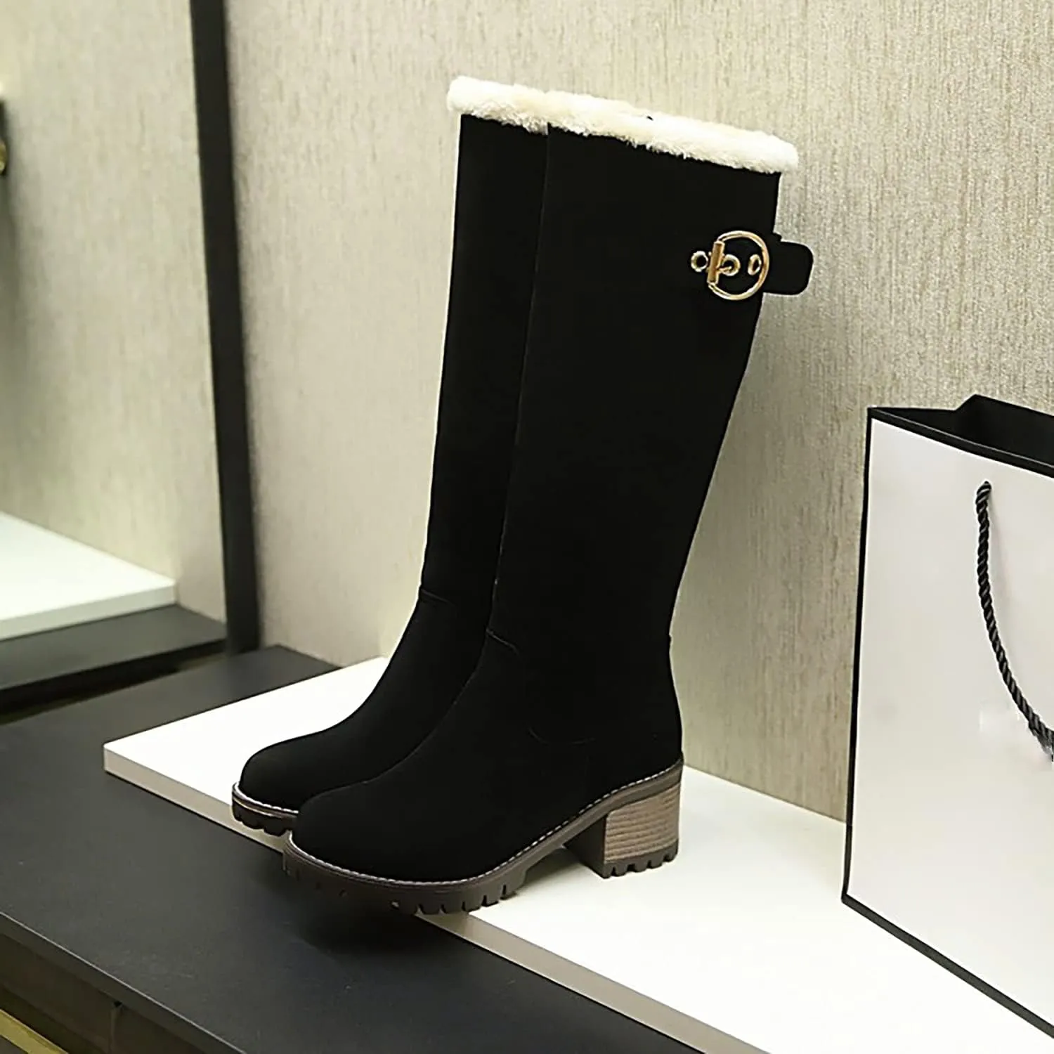 Viuluti Winter Women Knee High Snow Boots Warm Fur Nubuck Leather Tall Boots Fashion Waterproof Chunky Heel Long Boots