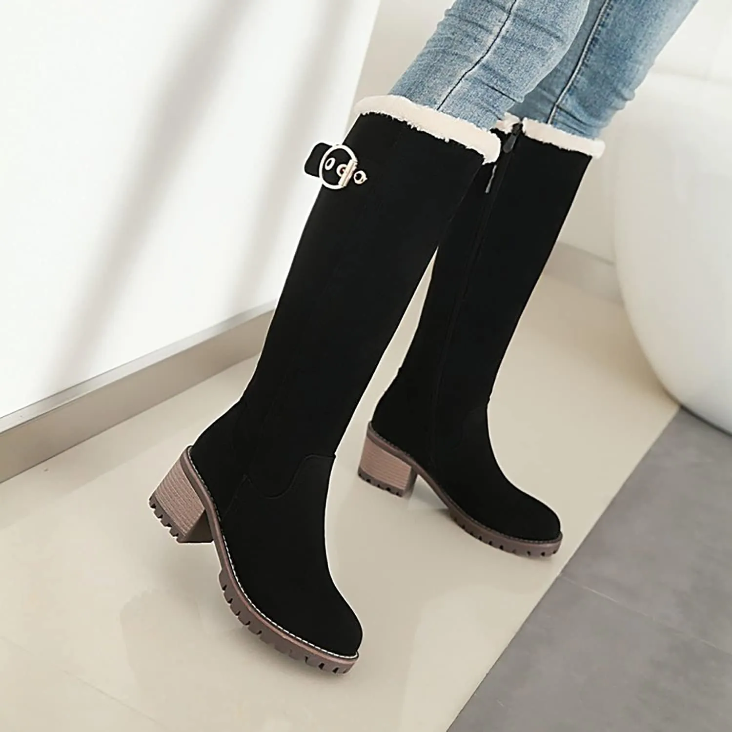 Viuluti Winter Women Knee High Snow Boots Warm Fur Nubuck Leather Tall Boots Fashion Waterproof Chunky Heel Long Boots