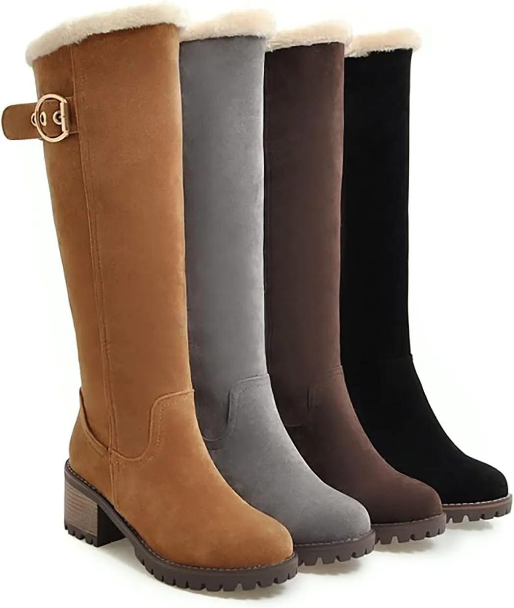 Viuluti Winter Women Knee High Snow Boots Warm Fur Nubuck Leather Tall Boots Fashion Waterproof Chunky Heel Long Boots