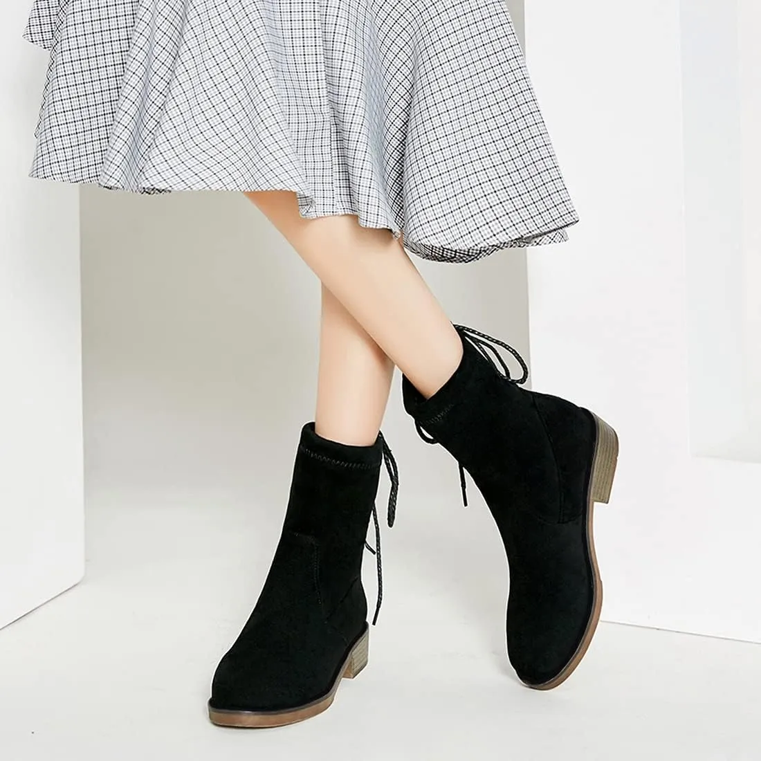 VOKLIN Women's Casual Flat Low Heels Dress Ankle Booties Vegan Suede Round Toe Lace Up Dressy Short Boots