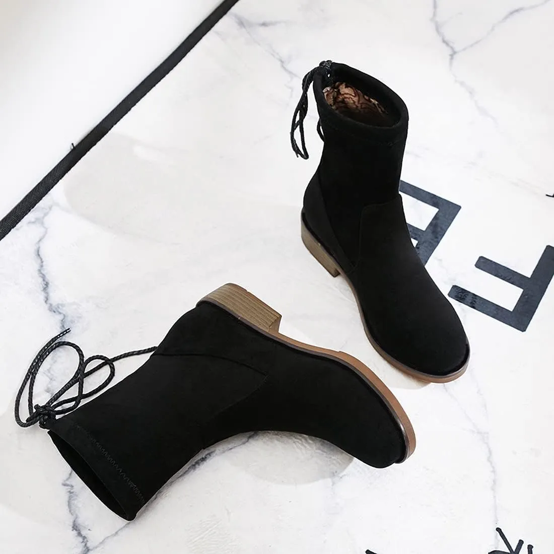VOKLIN Women's Casual Flat Low Heels Dress Ankle Booties Vegan Suede Round Toe Lace Up Dressy Short Boots