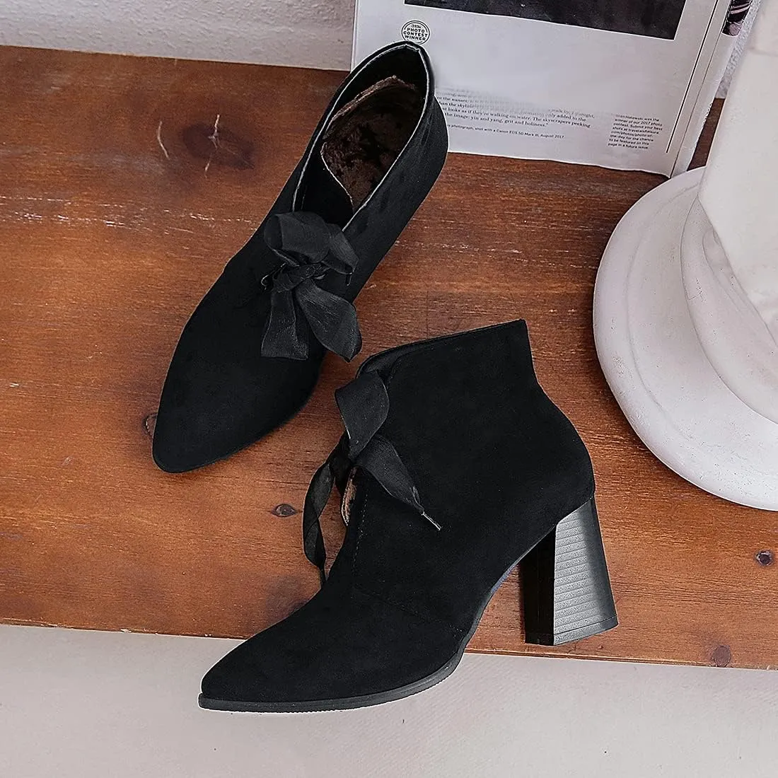 VOKLIN Women's Pointed Toe Elegant Dressy Ankle Boots Suede Lace Up Chunky High Heels Dress Short Booties