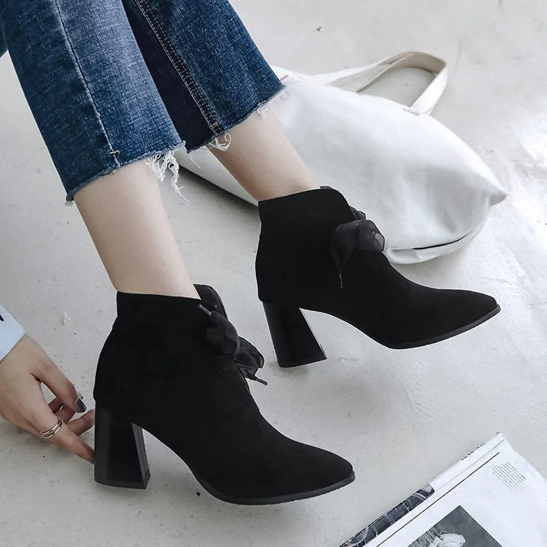 VOKLIN Women's Pointed Toe Elegant Dressy Ankle Boots Suede Lace Up Chunky High Heels Dress Short Booties