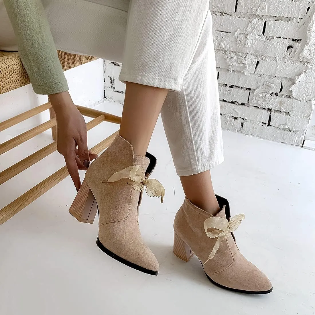 VOKLIN Women's Pointed Toe Elegant Dressy Ankle Boots Suede Lace Up Chunky High Heels Dress Short Booties