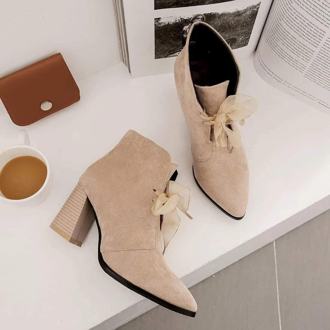 VOKLIN Women's Pointed Toe Elegant Dressy Ankle Boots Suede Lace Up Chunky High Heels Dress Short Booties