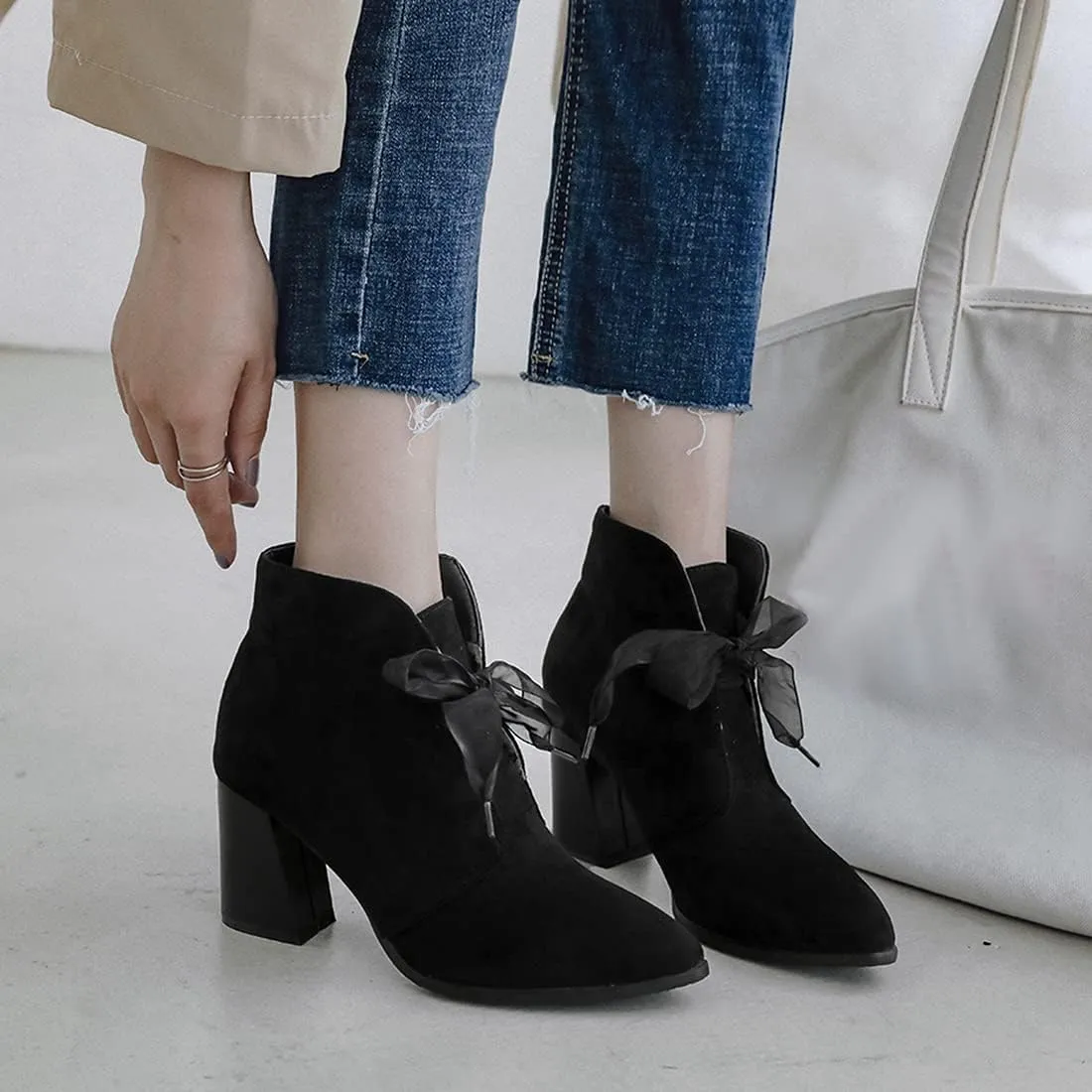 VOKLIN Women's Pointed Toe Elegant Dressy Ankle Boots Suede Lace Up Chunky High Heels Dress Short Booties