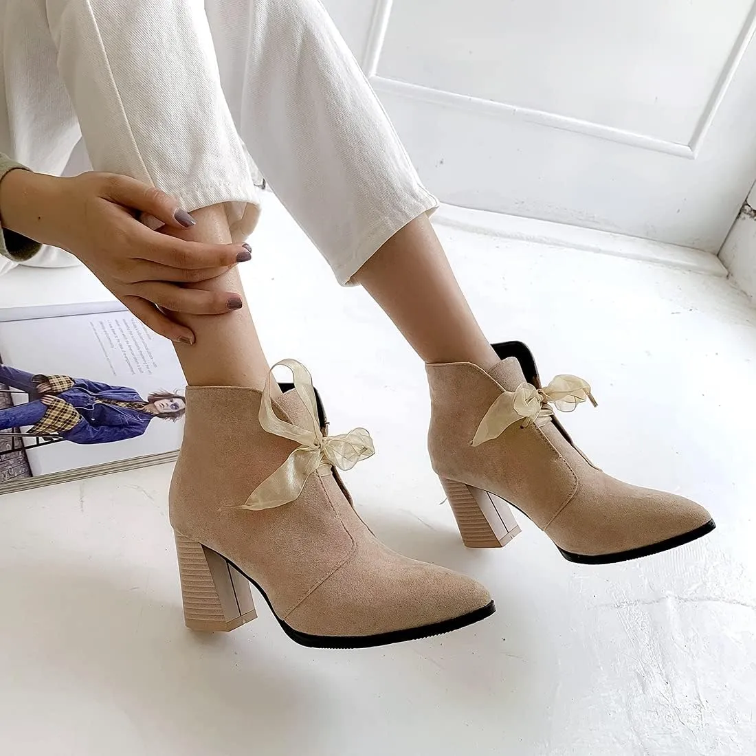 VOKLIN Women's Pointed Toe Elegant Dressy Ankle Boots Suede Lace Up Chunky High Heels Dress Short Booties