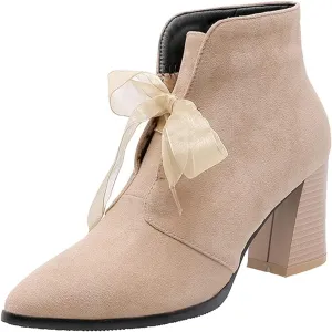 VOKLIN Women's Pointed Toe Elegant Dressy Ankle Boots Suede Lace Up Chunky High Heels Dress Short Booties