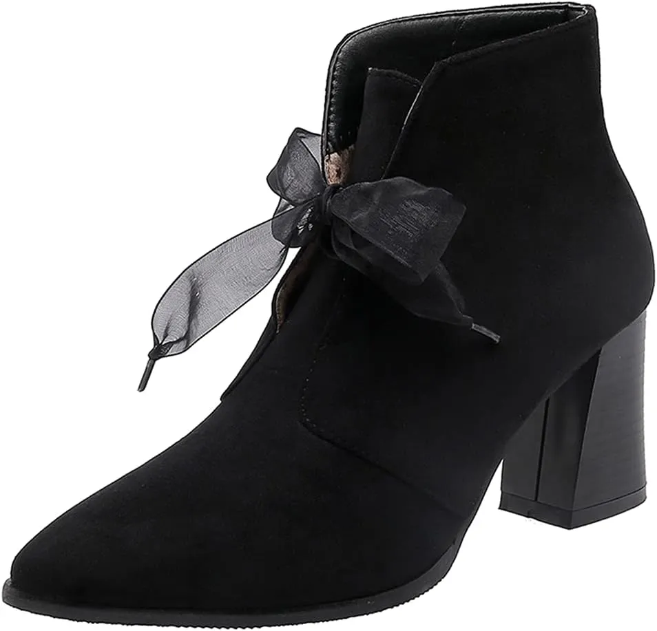 VOKLIN Women's Pointed Toe Elegant Dressy Ankle Boots Suede Lace Up Chunky High Heels Dress Short Booties