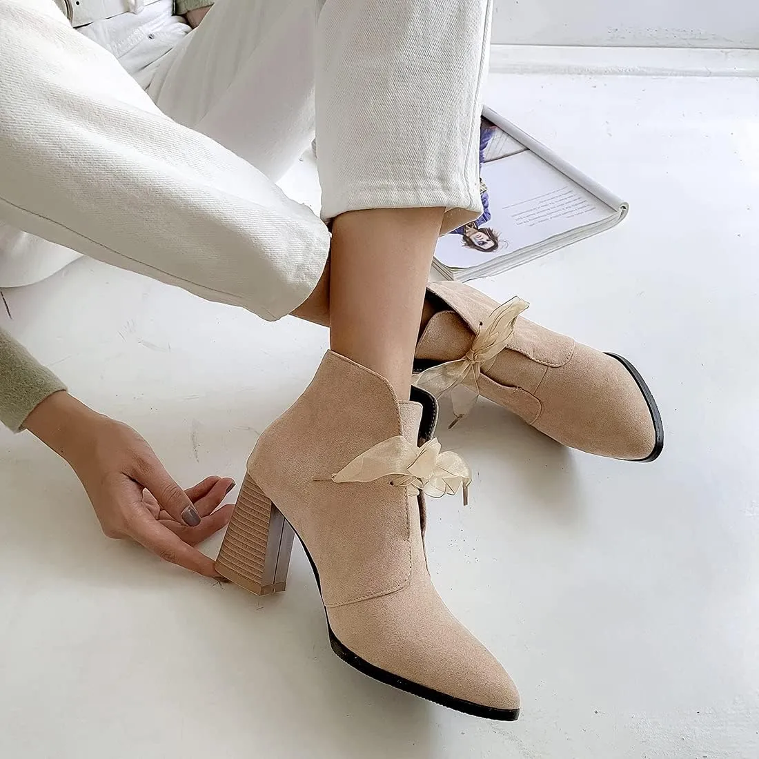 VOKLIN Women's Pointed Toe Elegant Dressy Ankle Boots Suede Lace Up Chunky High Heels Dress Short Booties