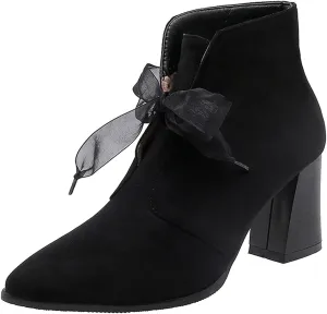 VOKLIN Women's Pointed Toe Elegant Dressy Ankle Boots Suede Lace Up Chunky High Heels Dress Short Booties