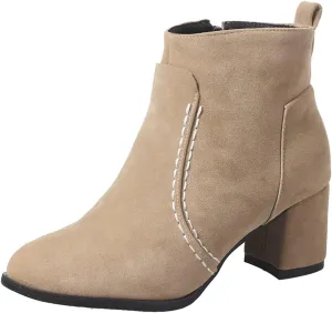 VOKLIN Women's Round Toe Chunky Mid Heels Dressy Ankle Booties Vegan Suede Side Zipper Dress Short Boots