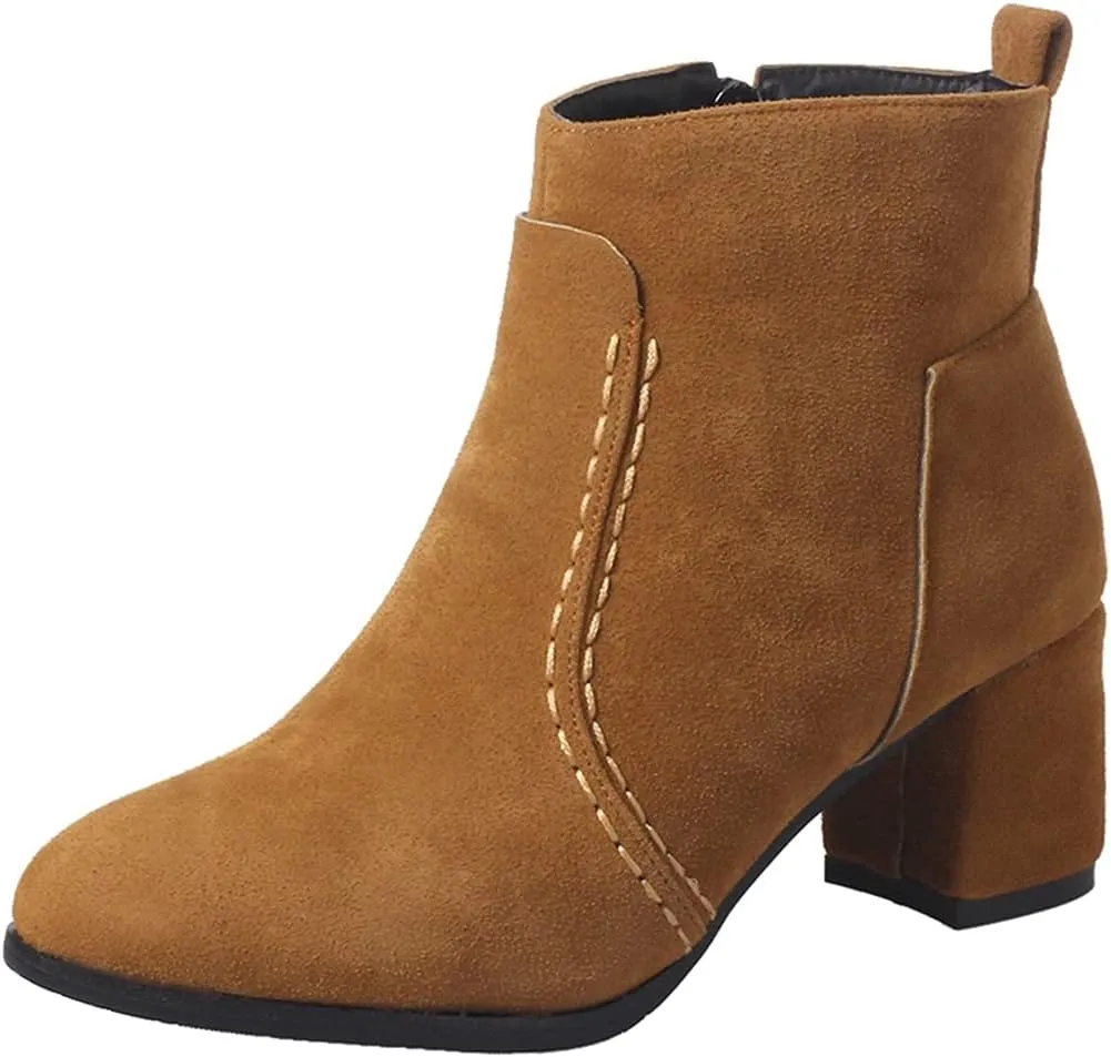 VOKLIN Women's Round Toe Chunky Mid Heels Dressy Ankle Booties Vegan Suede Side Zipper Dress Short Boots