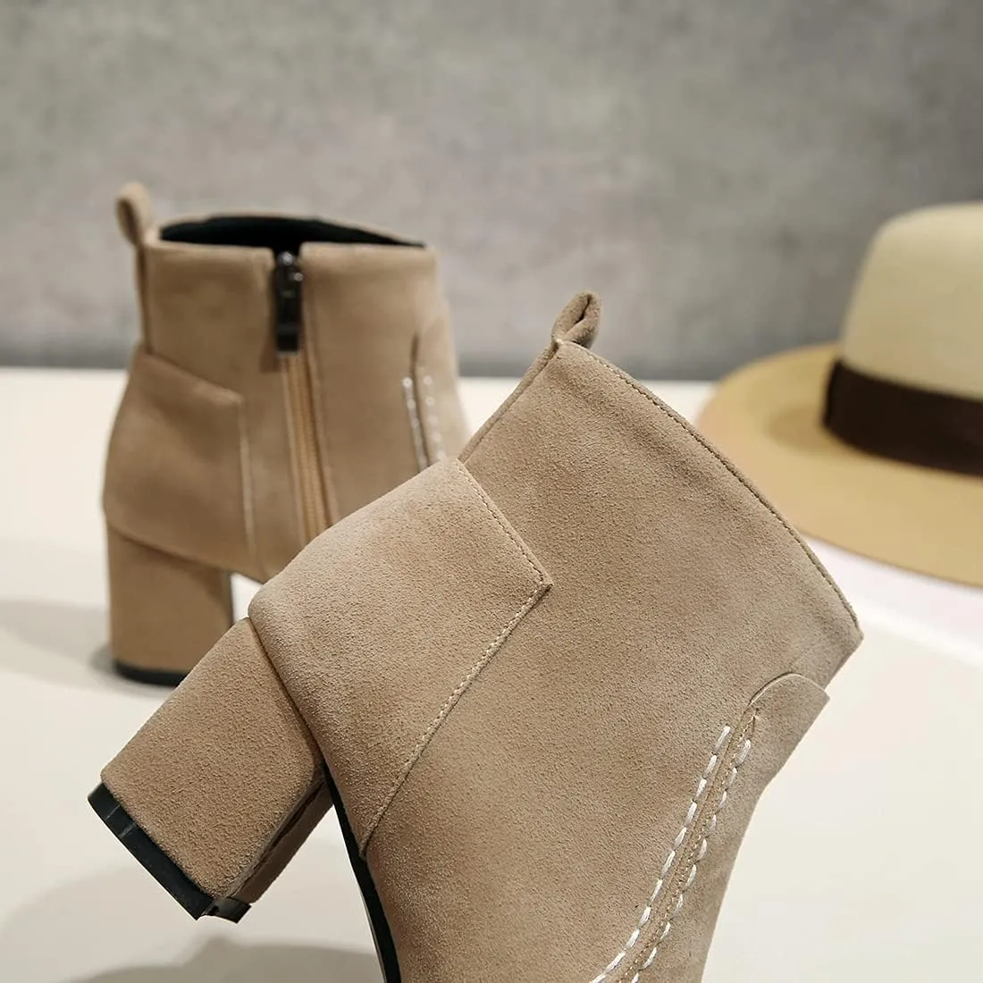 VOKLIN Women's Round Toe Chunky Mid Heels Dressy Ankle Booties Vegan Suede Side Zipper Dress Short Boots
