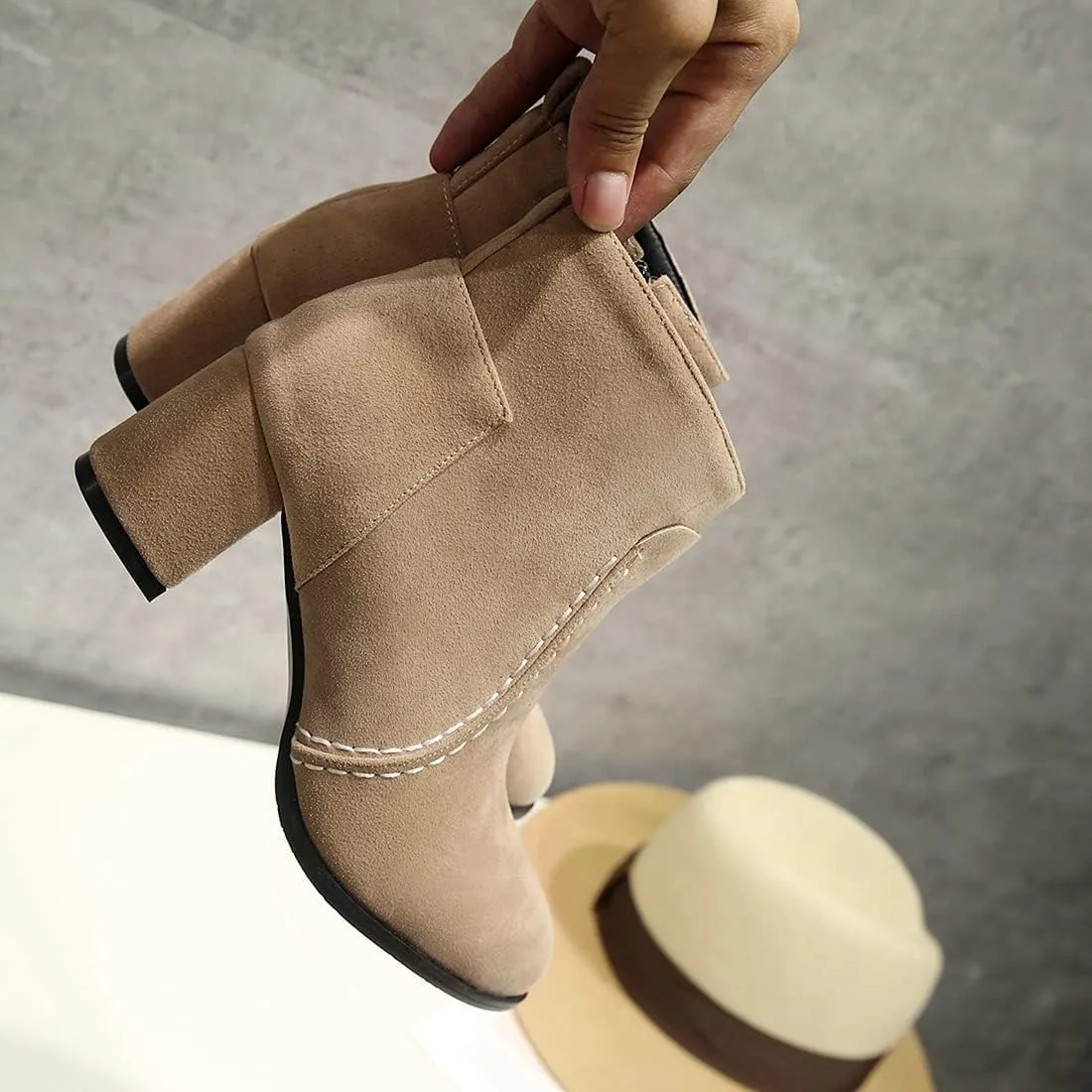 VOKLIN Women's Round Toe Chunky Mid Heels Dressy Ankle Booties Vegan Suede Side Zipper Dress Short Boots