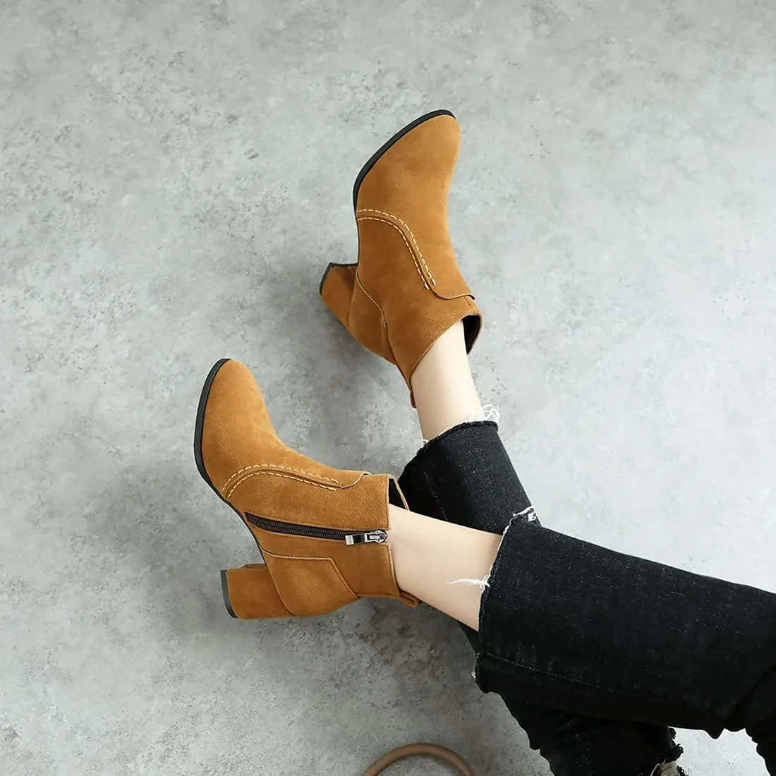 VOKLIN Women's Round Toe Chunky Mid Heels Dressy Ankle Booties Vegan Suede Side Zipper Dress Short Boots