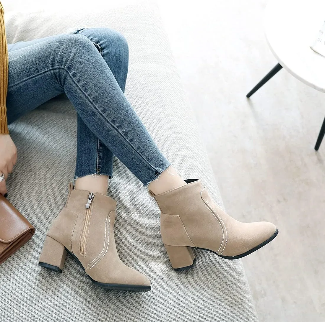 VOKLIN Women's Round Toe Chunky Mid Heels Dressy Ankle Booties Vegan Suede Side Zipper Dress Short Boots