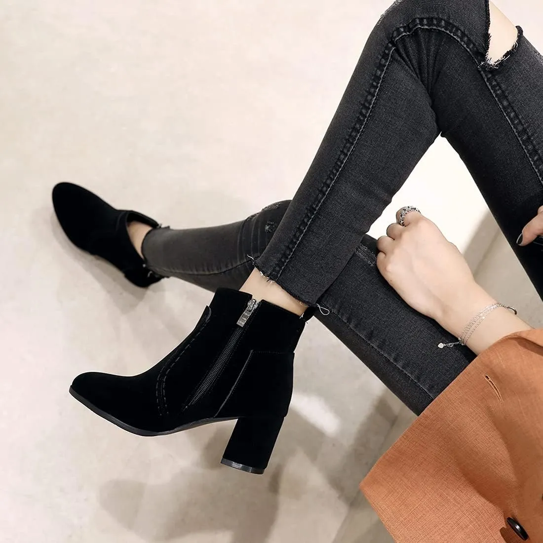 VOKLIN Women's Round Toe Chunky Mid Heels Dressy Ankle Booties Vegan Suede Side Zipper Dress Short Boots