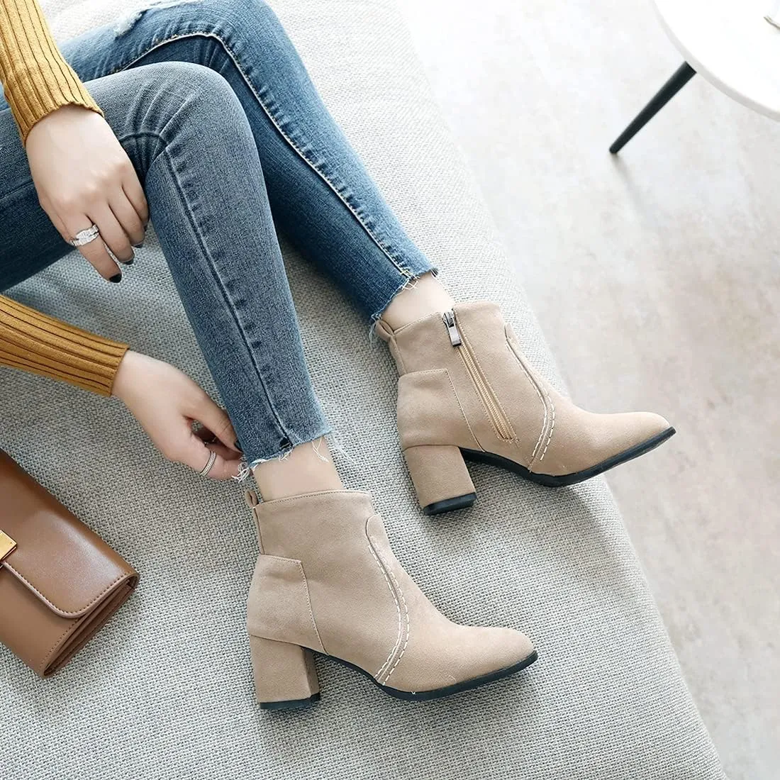 VOKLIN Women's Round Toe Chunky Mid Heels Dressy Ankle Booties Vegan Suede Side Zipper Dress Short Boots