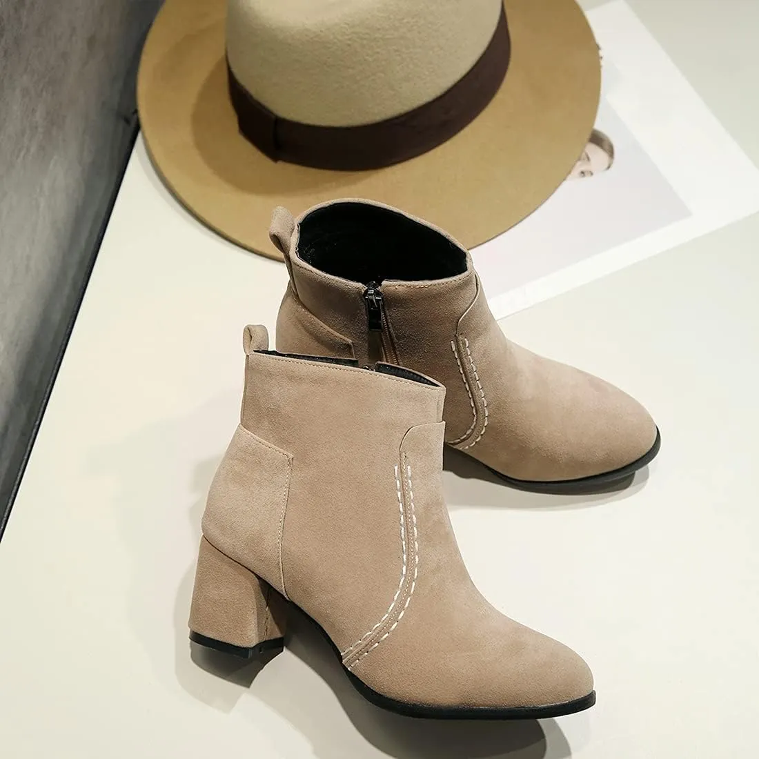 VOKLIN Women's Round Toe Chunky Mid Heels Dressy Ankle Booties Vegan Suede Side Zipper Dress Short Boots