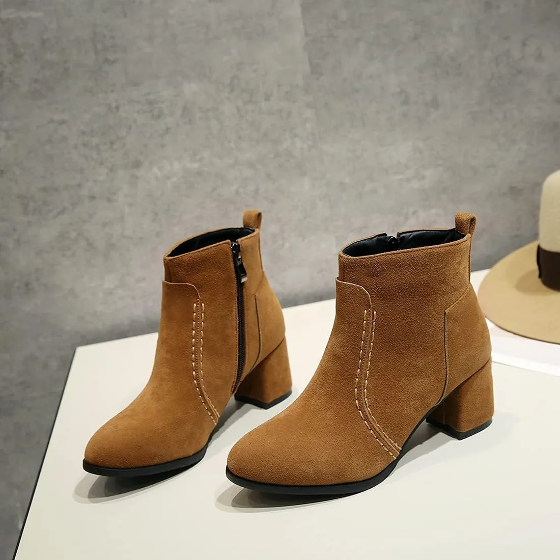 VOKLIN Women's Round Toe Chunky Mid Heels Dressy Ankle Booties Vegan Suede Side Zipper Dress Short Boots