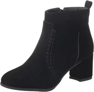 VOKLIN Women's Round Toe Chunky Mid Heels Dressy Ankle Booties Vegan Suede Side Zipper Dress Short Boots