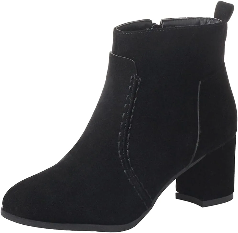 VOKLIN Women's Round Toe Chunky Mid Heels Dressy Ankle Booties Vegan Suede Side Zipper Dress Short Boots