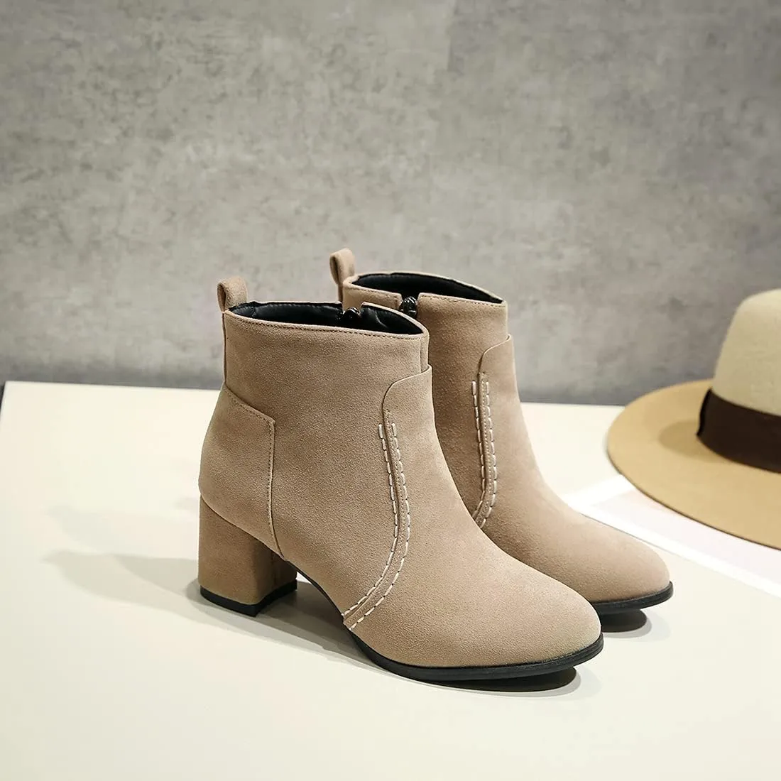 VOKLIN Women's Round Toe Chunky Mid Heels Dressy Ankle Booties Vegan Suede Side Zipper Dress Short Boots