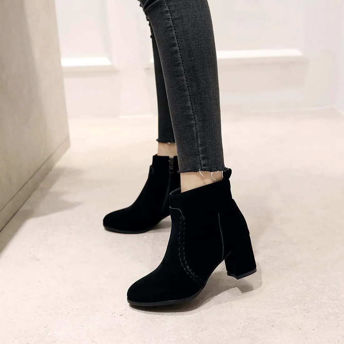VOKLIN Women's Round Toe Chunky Mid Heels Dressy Ankle Booties Vegan Suede Side Zipper Dress Short Boots