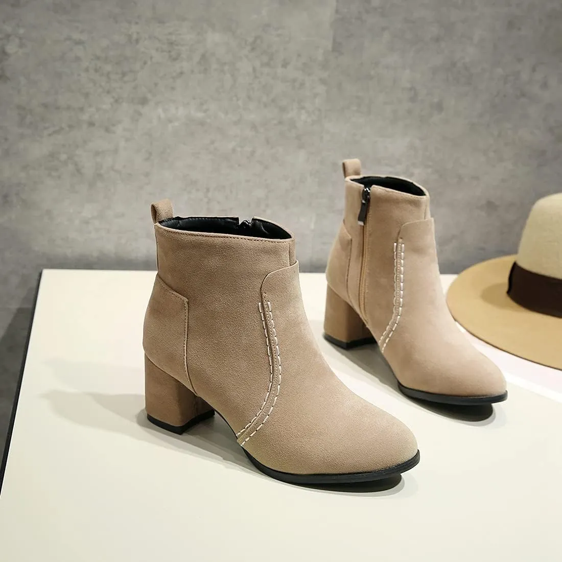 VOKLIN Women's Round Toe Chunky Mid Heels Dressy Ankle Booties Vegan Suede Side Zipper Dress Short Boots