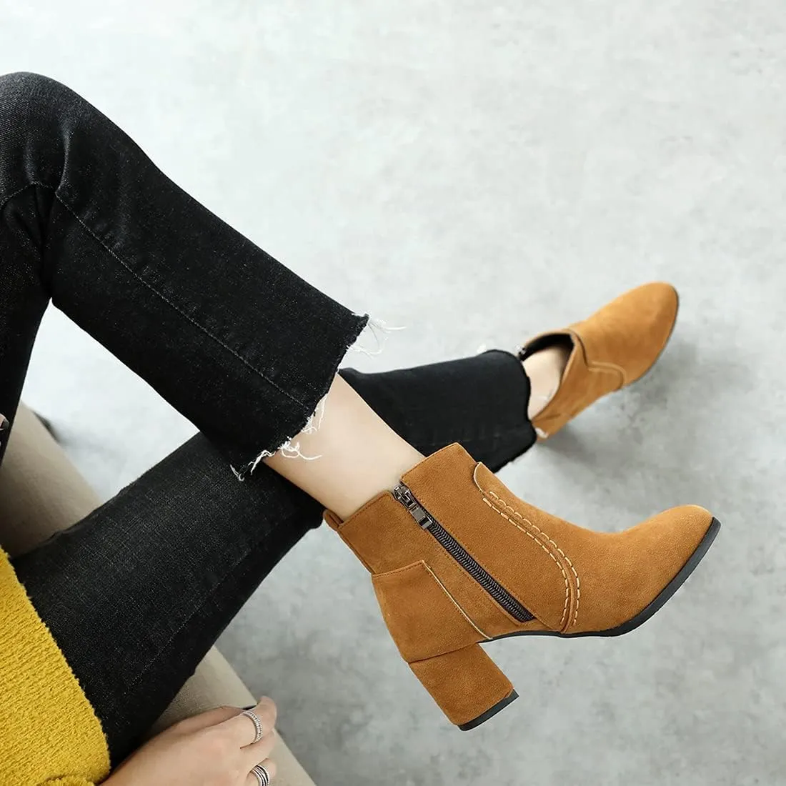 VOKLIN Women's Round Toe Chunky Mid Heels Dressy Ankle Booties Vegan Suede Side Zipper Dress Short Boots