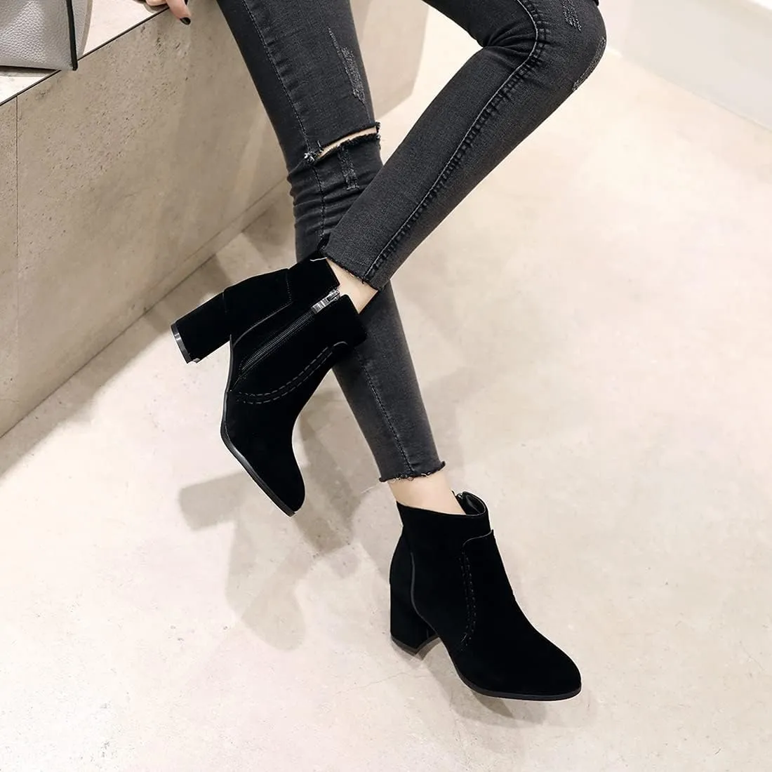 VOKLIN Women's Round Toe Chunky Mid Heels Dressy Ankle Booties Vegan Suede Side Zipper Dress Short Boots