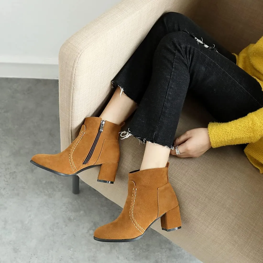 VOKLIN Women's Round Toe Chunky Mid Heels Dressy Ankle Booties Vegan Suede Side Zipper Dress Short Boots