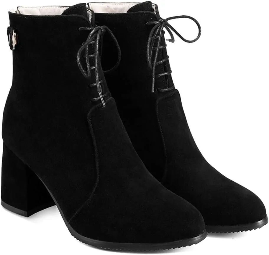 VOKLIN Women's Round Toe Dressy Ankle Boots Suede Lace Up Zipper Chunky Block High Heels Dress Short Booties