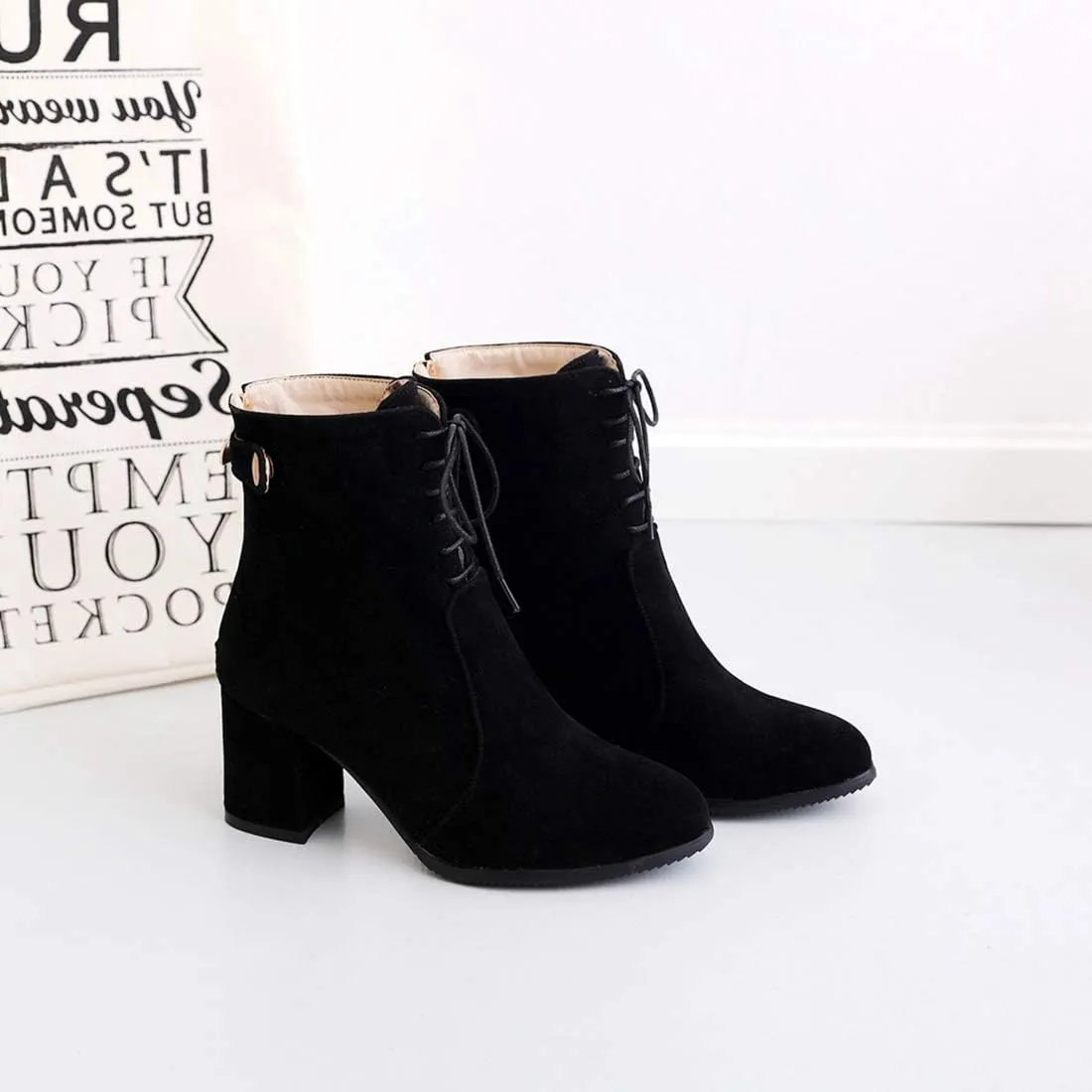 VOKLIN Women's Round Toe Dressy Ankle Boots Suede Lace Up Zipper Chunky Block High Heels Dress Short Booties