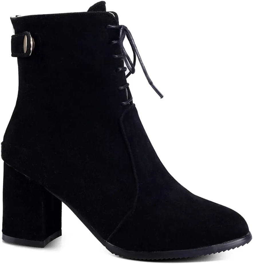 VOKLIN Women's Round Toe Dressy Ankle Boots Suede Lace Up Zipper Chunky Block High Heels Dress Short Booties
