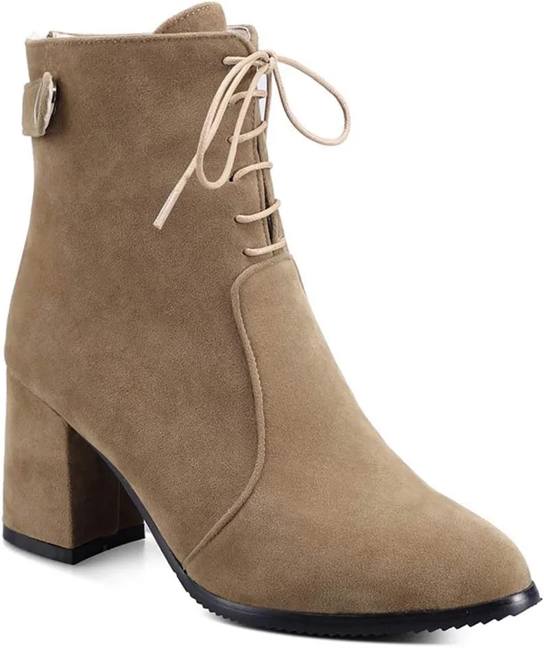 VOKLIN Women's Round Toe Dressy Ankle Boots Suede Lace Up Zipper Chunky Block High Heels Dress Short Booties