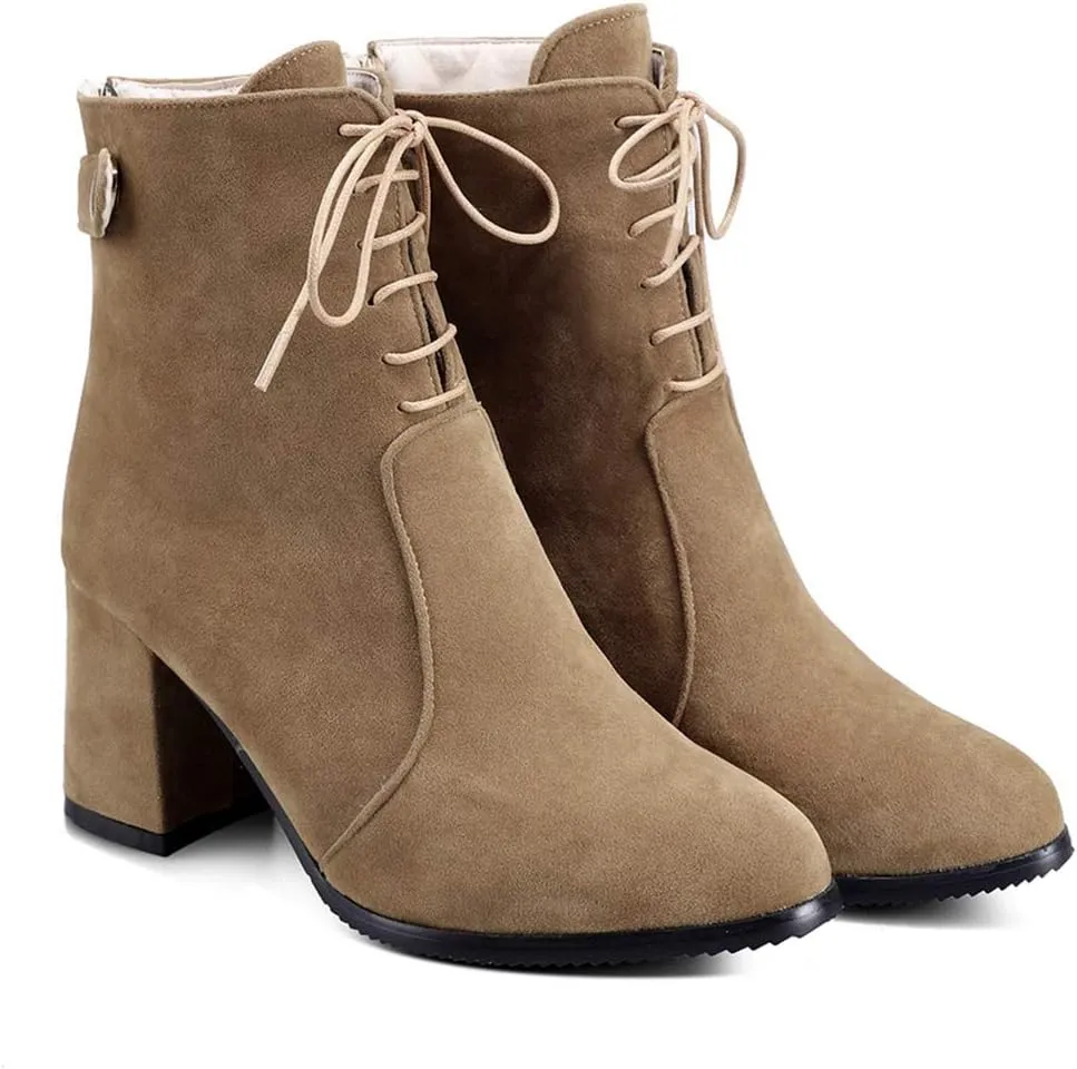 VOKLIN Women's Round Toe Dressy Ankle Boots Suede Lace Up Zipper Chunky Block High Heels Dress Short Booties