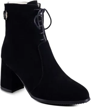 VOKLIN Women's Round Toe Dressy Ankle Boots Suede Lace Up Zipper Chunky Block High Heels Dress Short Booties