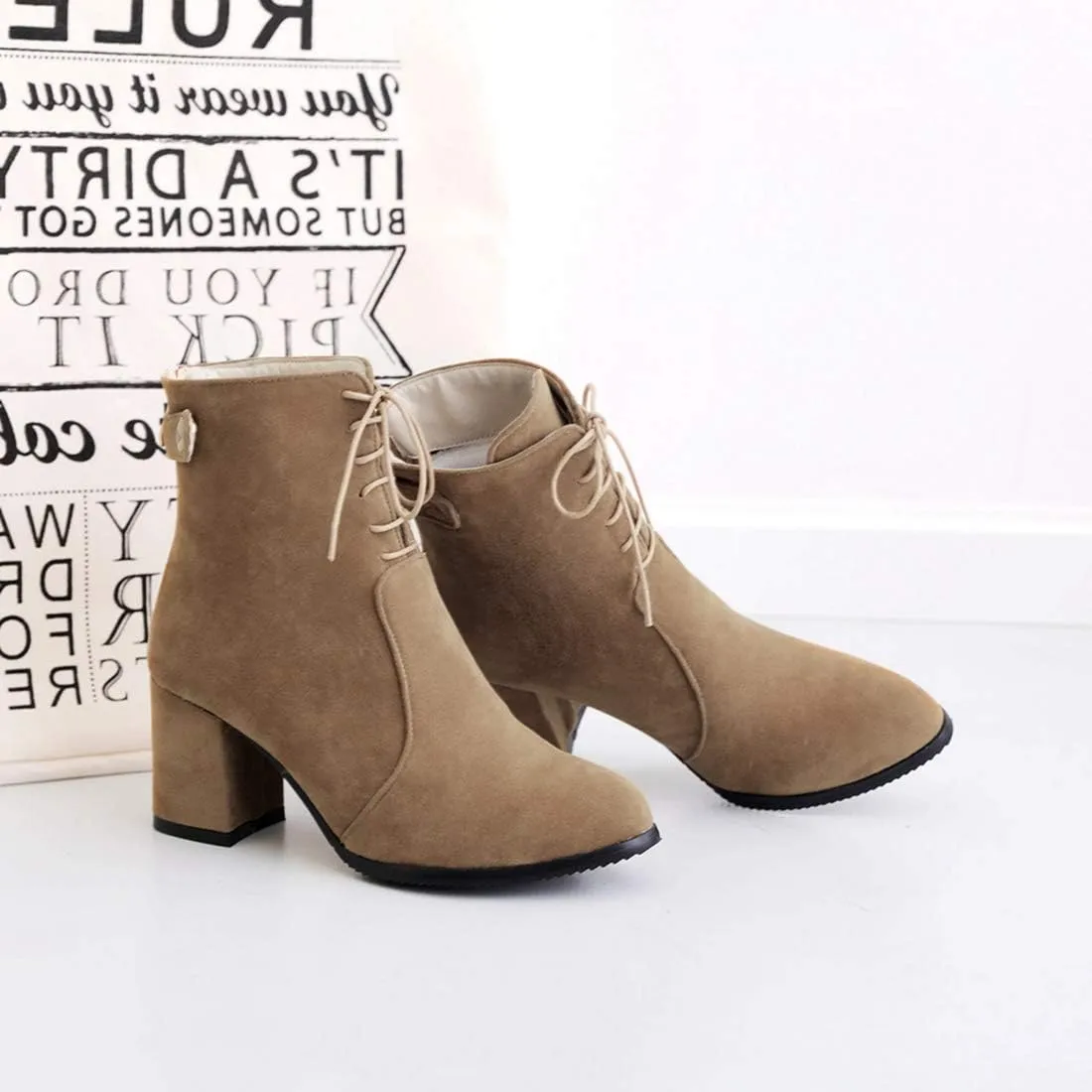 VOKLIN Women's Round Toe Dressy Ankle Boots Suede Lace Up Zipper Chunky Block High Heels Dress Short Booties