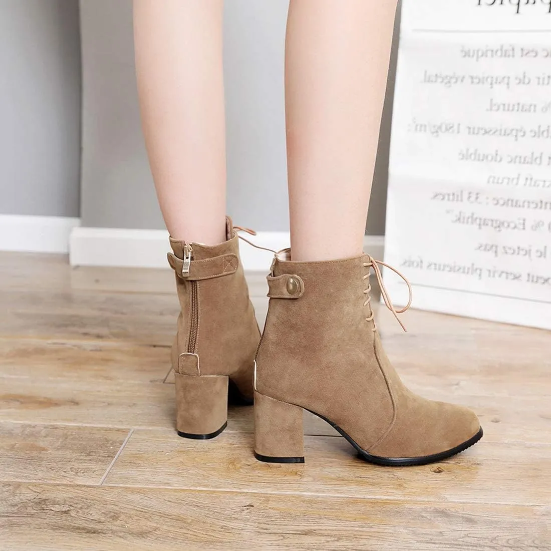 VOKLIN Women's Round Toe Dressy Ankle Boots Suede Lace Up Zipper Chunky Block High Heels Dress Short Booties
