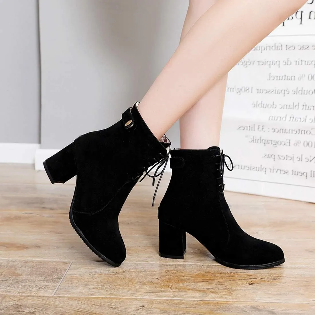 VOKLIN Women's Round Toe Dressy Ankle Boots Suede Lace Up Zipper Chunky Block High Heels Dress Short Booties