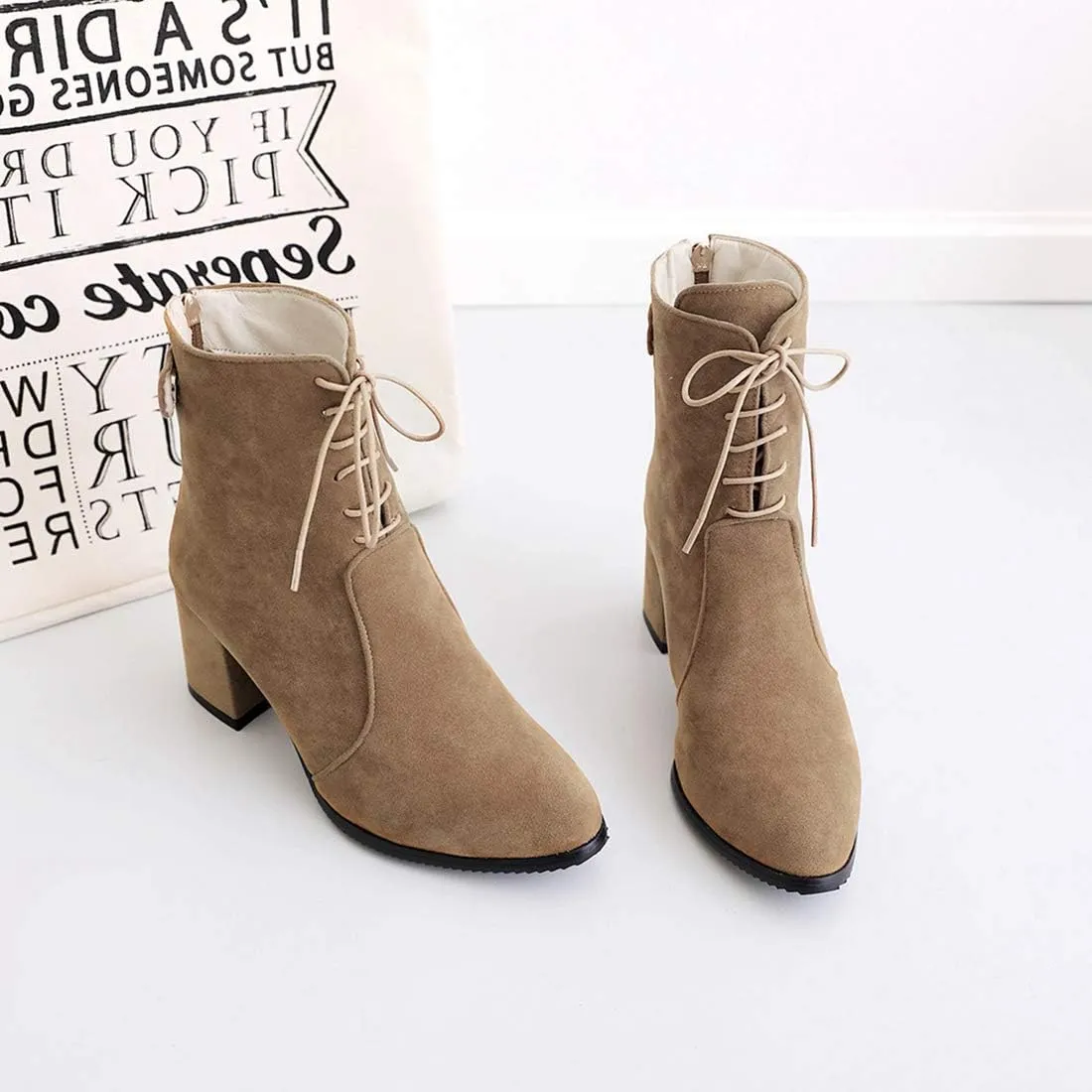 VOKLIN Women's Round Toe Dressy Ankle Boots Suede Lace Up Zipper Chunky Block High Heels Dress Short Booties