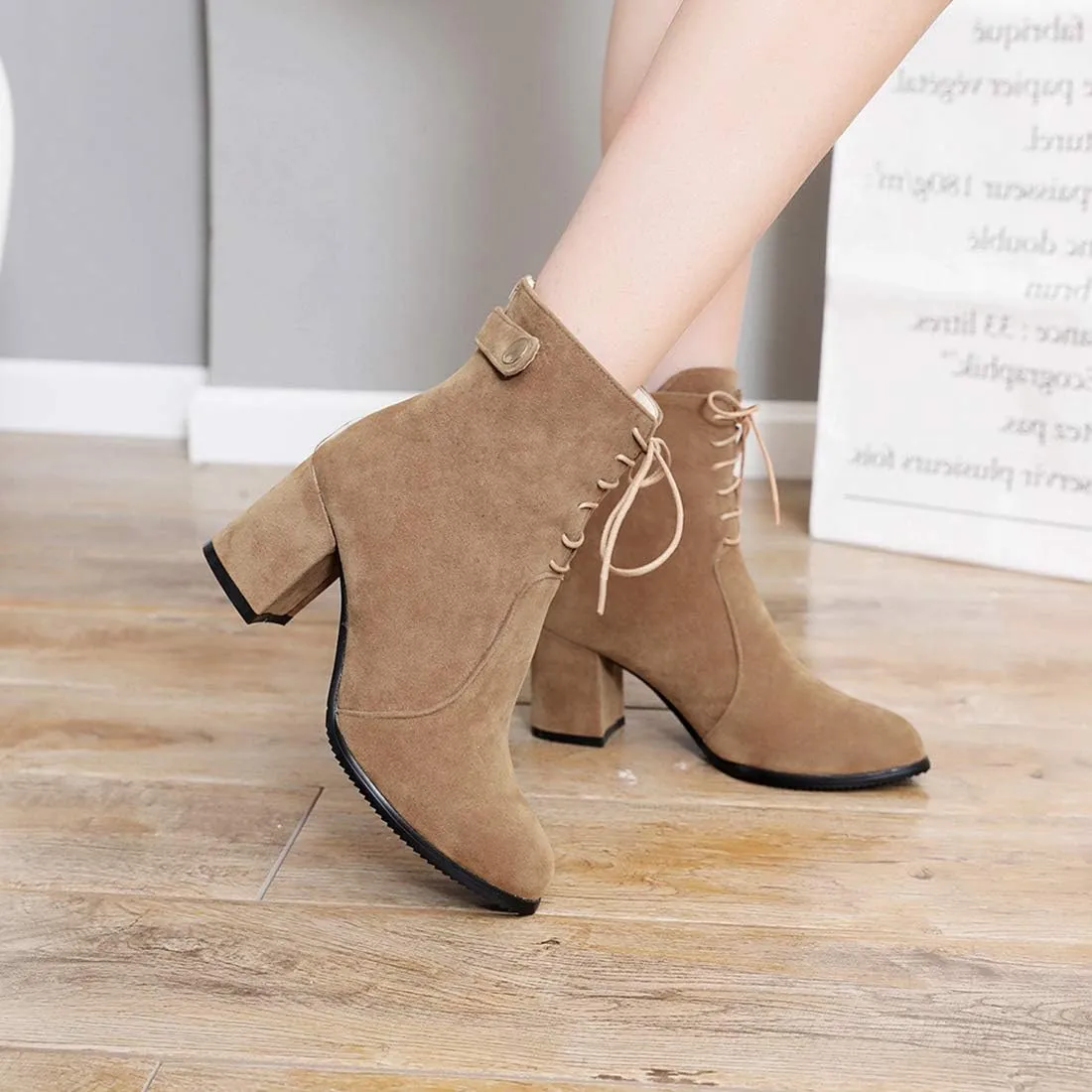 VOKLIN Women's Round Toe Dressy Ankle Boots Suede Lace Up Zipper Chunky Block High Heels Dress Short Booties