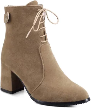 VOKLIN Women's Round Toe Dressy Ankle Boots Suede Lace Up Zipper Chunky Block High Heels Dress Short Booties
