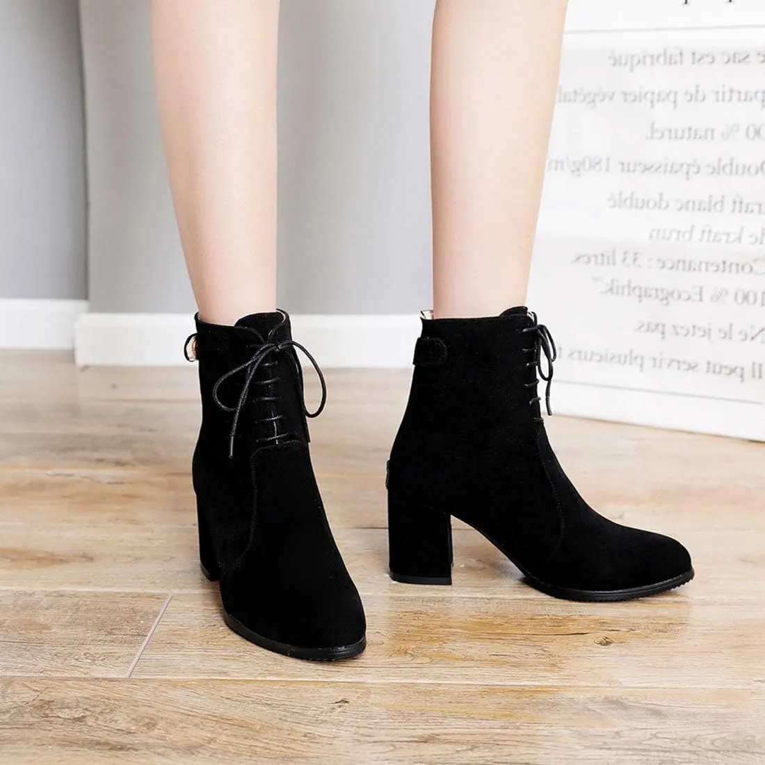 VOKLIN Women's Round Toe Dressy Ankle Boots Suede Lace Up Zipper Chunky Block High Heels Dress Short Booties